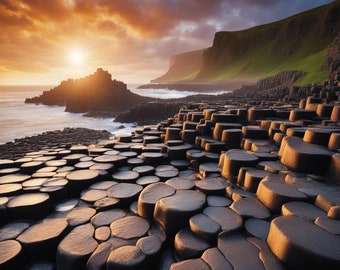 Realistic print of Giants Causeway in County Antrim on the north coast of Northern Ireland- Printable Wall Art