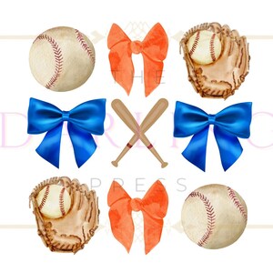 May include: A set of baseball-themed digital clipart featuring two baseballs, two baseball gloves, two orange bows, two blue bows, and two crossed wooden bats.