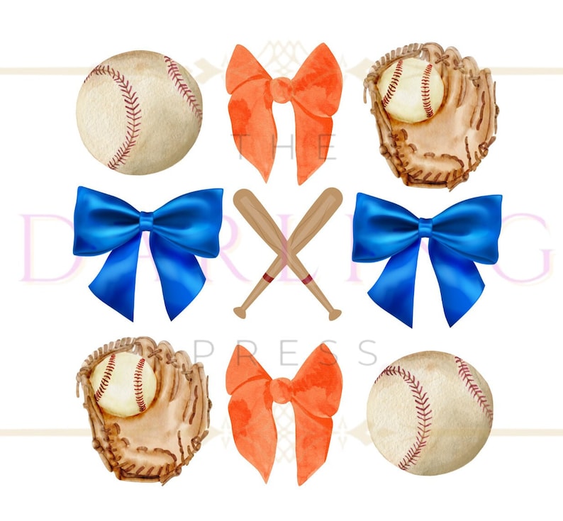 May include: A set of baseball-themed digital clipart featuring two baseballs, two baseball gloves, two orange bows, two blue bows, and two crossed wooden bats.