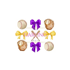 Puede incluir: Ilustración en acuarela con pelotas de béisbol, guantes y lazos morados y amarillos. Dos bates de béisbol cruzados están centrados con el texto "THE DARLING PRESS" en rosa, sobre un fondo blanco.