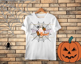 Cute Halloween Ghost Boo PNG, Spiderweb Shirt Image (Digital Download)