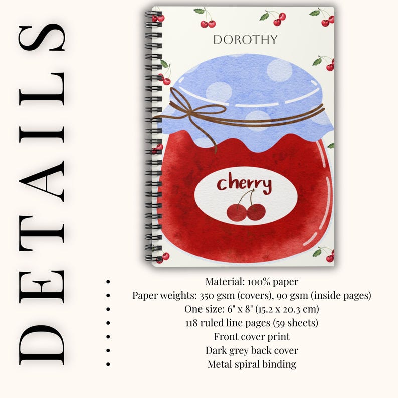 Puede incluir: Un cuaderno espiral con un dise&ntilde;o de tarro de cerezas rojo y blanco. La portada tiene el texto "DOROTHY" y "cherry". El cuaderno mide 15,2 cm por 20,3 cm y tiene 118 p&aacute;ginas rayadas.