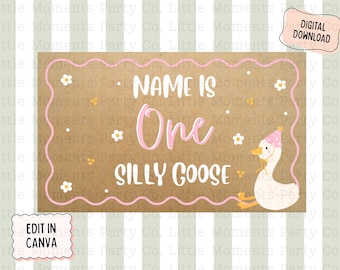 Silly Goose 1歳の誕生日バナー、編集可能なCanvaテンプレート（36x60デジタルダウンロード）