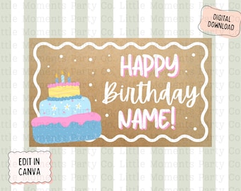 ハッピーバースデー編集可能なCanvaテンプレートバナー36x60 DIYペイントサインデジタルダウンロード誕生日の女の子