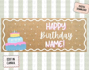 ハッピーバースデー編集可能なCanvaテンプレートバナー24x60 DIYペイントサインデジタルダウンロード誕生日の女の子