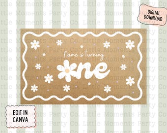 Szablon baneru z motywem kwiatowym na pierwsze urodziny, znak stokrotki DIY (pobranie cyfrowe 36 x 60 w formacie Canva do edycji)
