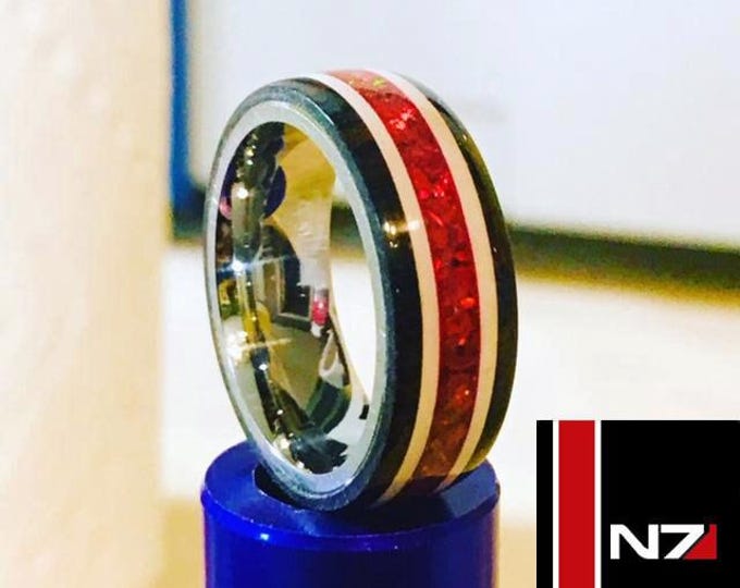 Mass Effect N7 Edition Inspired Ring, Ruby Crushed Opals, Titanium Core, Epoxy Stripes, Men's Ring, Women's Ring, Wedding Band, Gamer