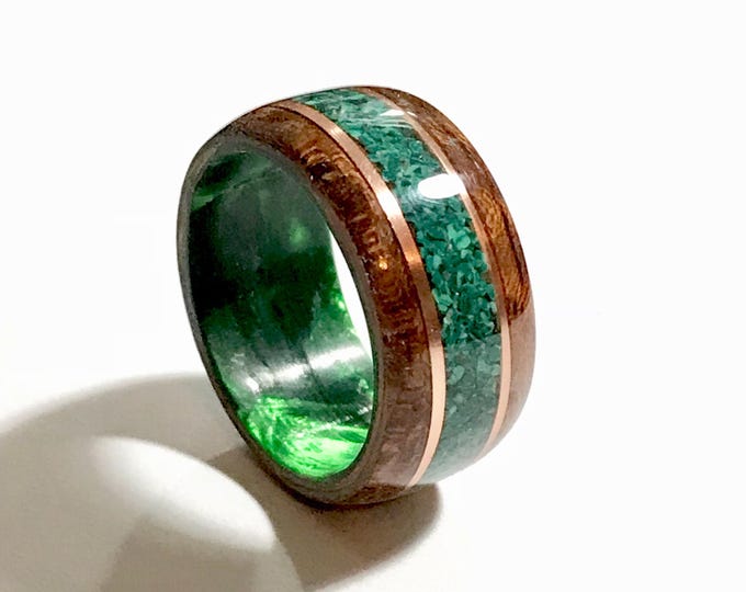 West African Etimoe Wood Ring, Crushed Malachite Inlay, Copper Banding, and Green Epoxy Core, Bentwood Ring