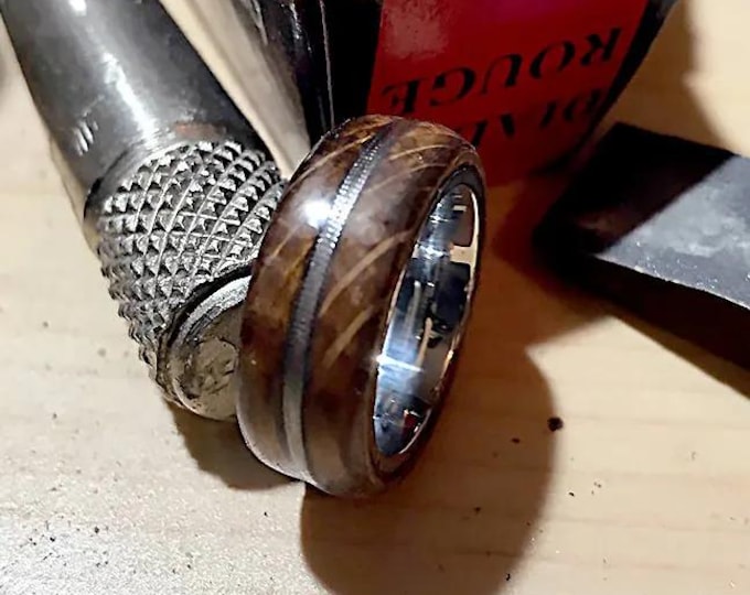 Whiskey Barrel Wood Ring, Worn Guitar String Inlay, Titanium, or Sterling Silver Core, Wedding Band,