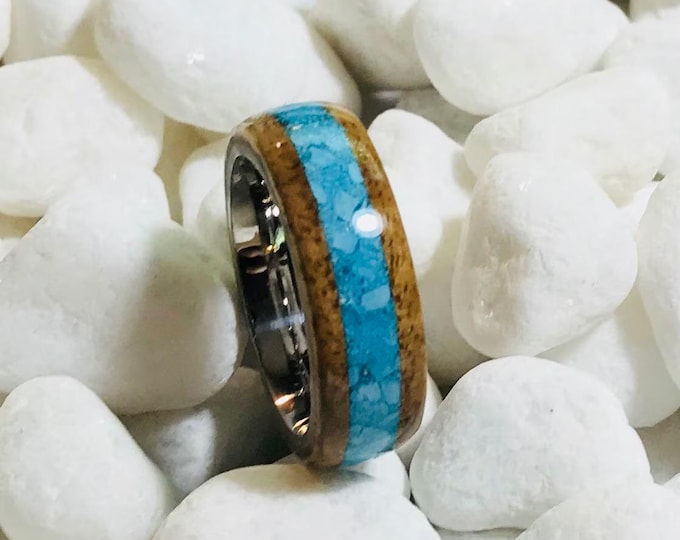 Hawaiian Koa Wood Ring Turquoise Inlay. Wood ring for women and men, Wedding Band,  Stainless Steel, Sterling Silver