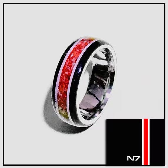 Mass Effect N7 Edition Inspired Ring, Ruby Crushed Opals, Titanium