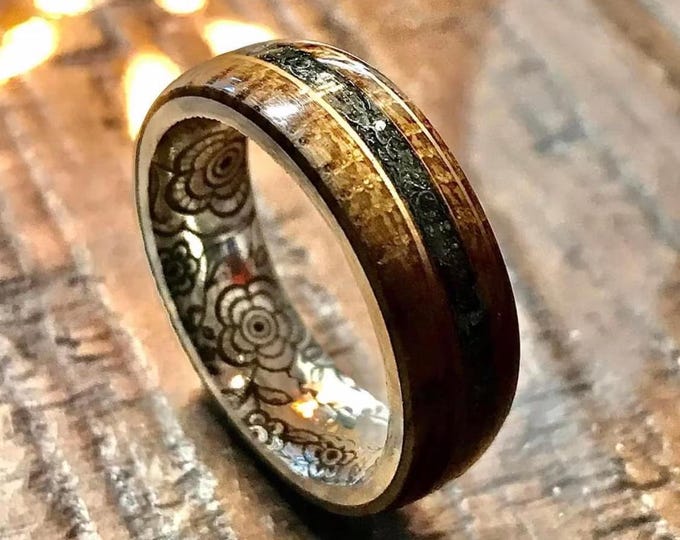 Whiskey Barrel Wood Ring, Meteorite Inlay & Sterling Silver Engraved Core.
