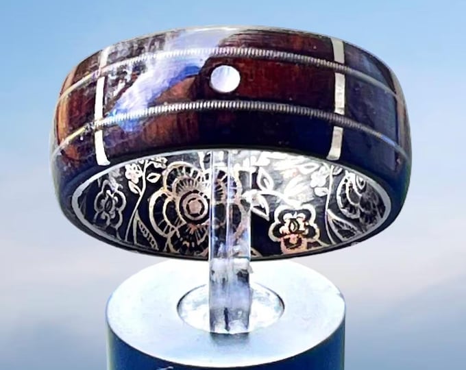 Guitar Fretboard Wood Ring, African Blackwood, Mother of Pearl Fret Dots, Silver Frets, Dual Guitar Strings, Embossed Flower Silver Band