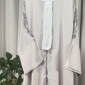 Baby Pink Embroidered Abaya: Hand-Beaded Sleeves, Matching Hijab