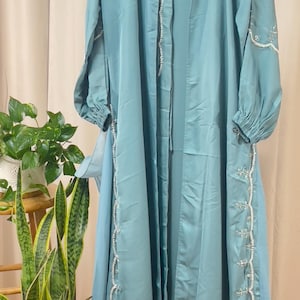 Embroidered Pastel Abaya with Beaded Sleeves & Matching Hijab
