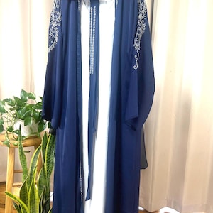 Blue Embroidered Abaya: Handcrafted Beaded Sleeve Open Robe with Hijab
