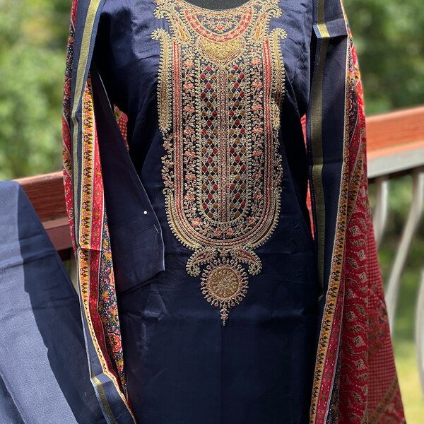 Maroon and Blue Salwar Suit - Cotton - 3 pieces main image 1