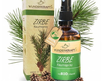 Spray profumato per ambienti al pino svizzero biologico / 100 ml / Spray per cuscini con profumo di pino svizzero - Freschezza alpina con [autentico olio di pino svizzero biologico] come profumatore per ambienti, Spray al pino svizzero