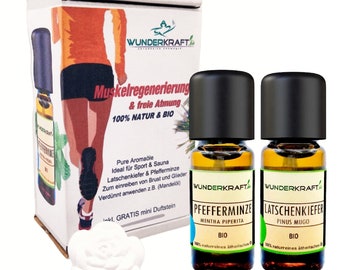 Muscle regeneration and free breathing "Sports Oil Set" natural essential oils with organic peppermint oil + organic mountain pine oil + scented stone