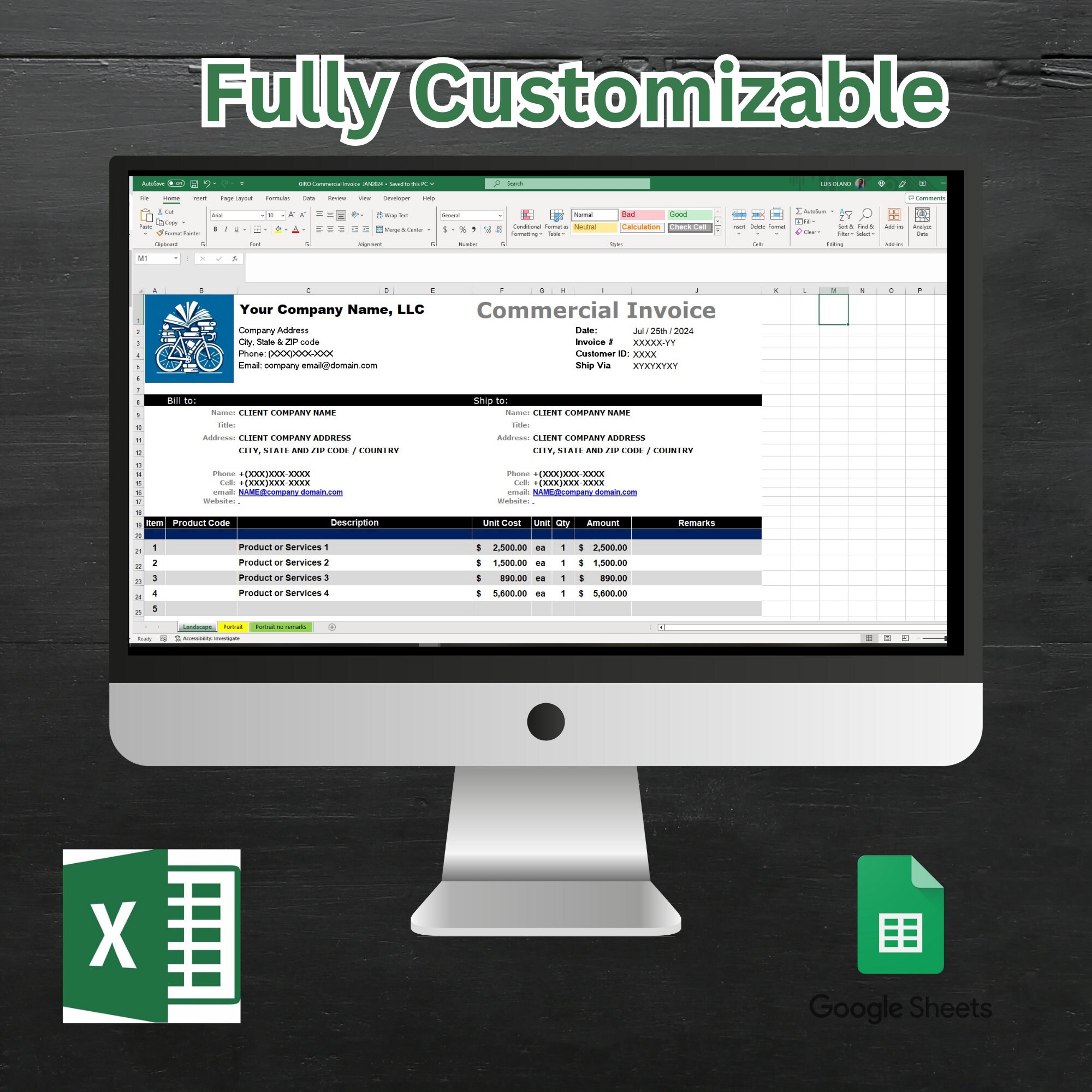 Invoice Template XLS Microsoft EXCEL Invoice Template, Fillable Invoice