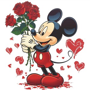 Micky Mouse con Flores / Tumbler Camisetas Diseño de Sublimación, Amor y Rosas, Día de San Valentín, Descarga Instantánea, Archivo Digital PNG