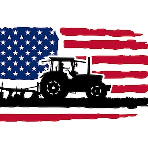 May include: Silhouette of a tractor pulling a plow in front of a distressed American flag. The tractor is black and the flag is red, white, and blue.