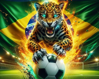 Brazilian Jaguar Soccer Ball Brazil Flag | Skinny 20oz Tumbler Sublimation Design | Soccer | Futbol |Instant Download PNG PDF Digital Files