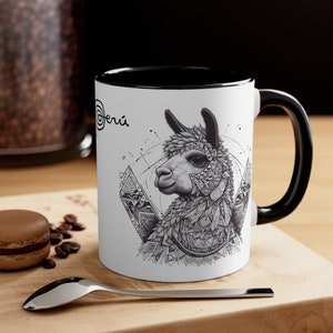 Llama, Alpaca Peru, Black & White Coffee Mug ( 11 oz), Travel to Peru, Peruvian Coffee Mug, Peru Lovers, Mug Gift, Mandala Peru