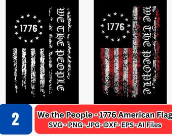 May include: A distressed American flag design with the text "We the People" and the year "1776" in a circle of stars. The flag is in red, white, and blue colors.