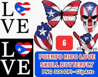 6+ PUERTO RICO Flag Love Skull Butterfly  Heart Hand | ClipArt Sublimation Design | Boricua png, Instant Download PNG Digital Files