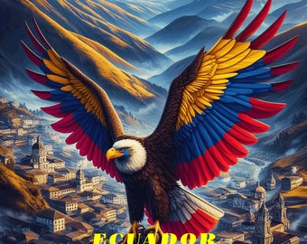 May include: A bald eagle with its wings spread wide, painted in the colors of the Ecuadorian flag, soaring over a city landscape. The eagle's head is turned to the side, and its eyes are focused on the viewer. The city below is a mix of old and new buildings, with a mountain range in the background.