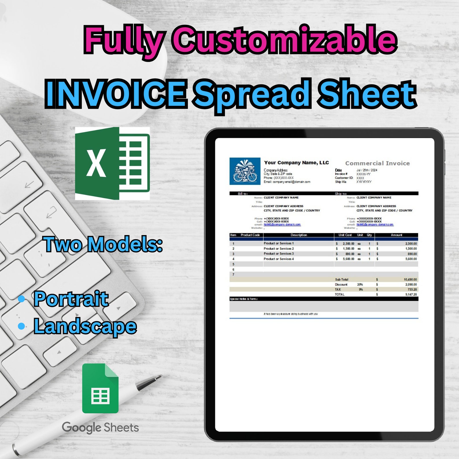 Invoice Template XLS Microsoft EXCEL Invoice Template, Fillable Invoice