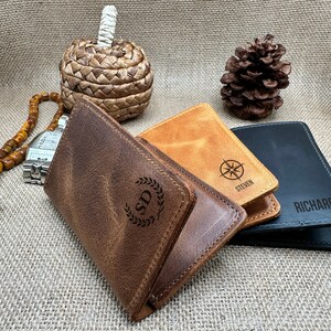 Tarjetero de cuero personalizado, billetera plegable para él, regalos grabados para el Día del Padre, tarjetero de cuero para hombre, billetera delgada de cuero para hombre.