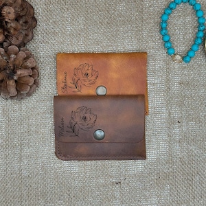 Custom Flower Leather Wallet, Wallet For Women, Leather Purse with Snap, Women&#39;s Wallet Leather, Personalized Birthday Gift, Gift for Mom