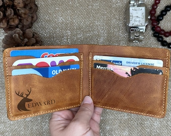 Personalized Leather Bifold Wallet, Handmade Slim Wallet