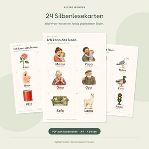 Può includere: Un set di 24 schede di lettura sillabica intitolate Kleine Wunder 24 Silbenlesekarten. Le schede presentano illustrazioni di oggetti e persone con le parole corrispondenti, utilizzando sillabe colorate per facilitare la pratica di lettura.
