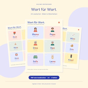 Puede incluir: Un conjunto de tarjetas de lectura educativas tituladas Wort für Wort con 24 tarjetas que presentan ilustraciones y sílabas codificadas por colores. Las tarjetas muestran palabras alemanas como Mama, Papa, Oma y Opa junto a iconos en un fondo claro.