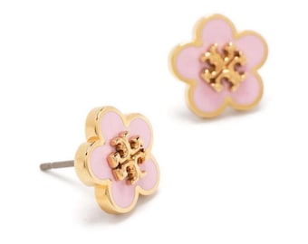 AUTHENTIC TORY BURCH kira pink flower logo earrings new on card w/ pouch