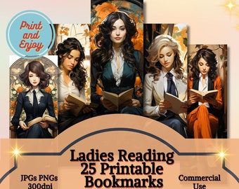 Women Reading Bookmark Designs, 25 Printable Bookmarks Digital Download, Collage Sheet Book Mark Scrapbook Vintage Ephemera Tag Junk Journal