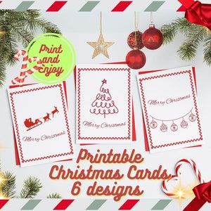 Lot de 6 cartes de Noël, illustrations simples minimalistes, inspirées de l'art populaire, téléchargement numérique, carte pliable imprimable joyeux Noël