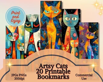 Artsy Cat Printable Bookmarks Set, 20 Pieces, Digital Collage Sheet Book Mark, Scrapbook, Labels for Junk Journal  Vintage Ephemera Tags