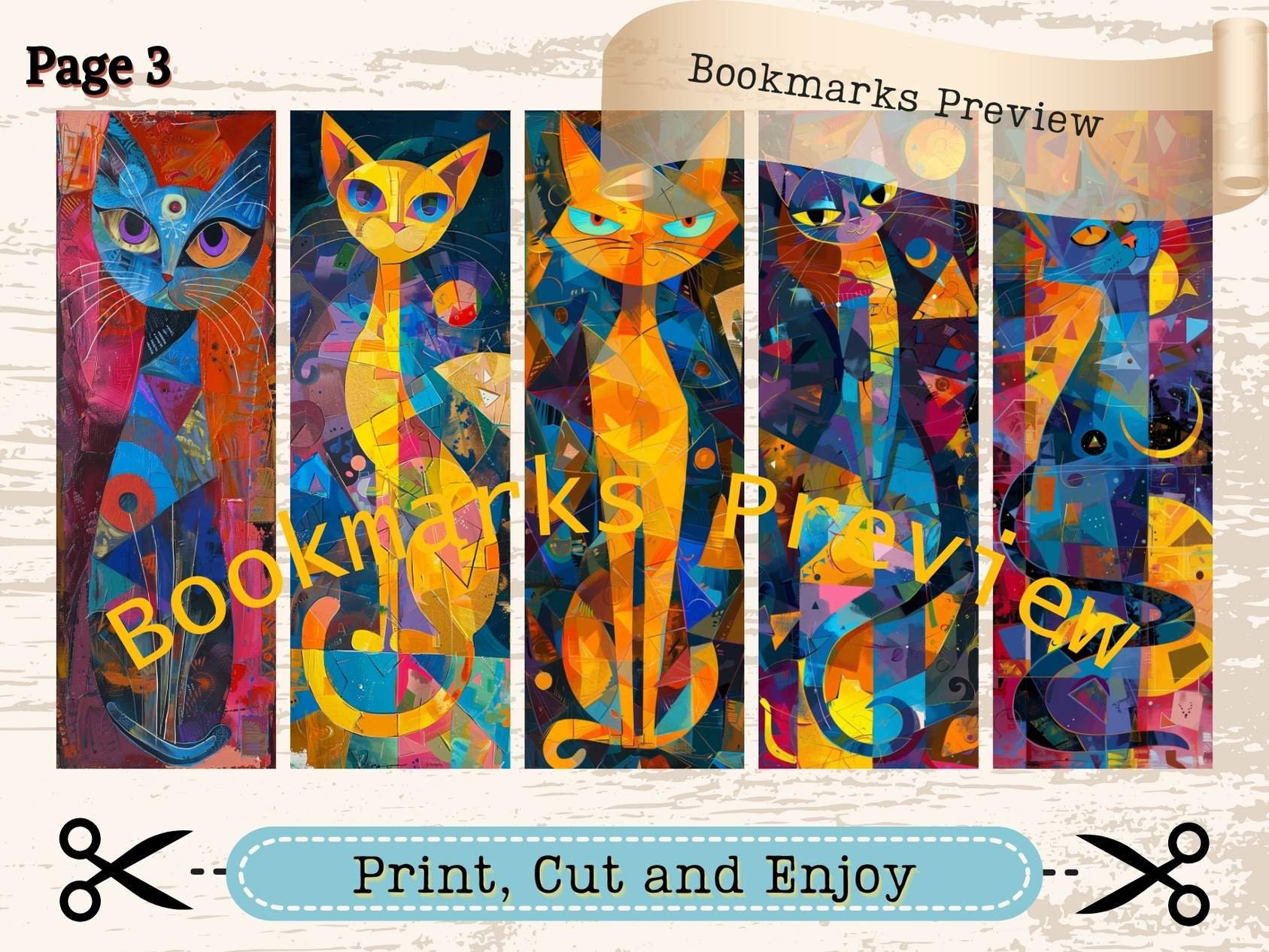 Artsy Cat Printable Bookmarks Set, 20 Pieces, Digital Collage Sheet ...