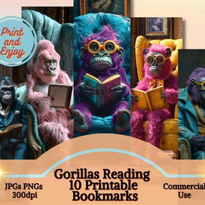 May include: Ten printable bookmarks featuring gorillas wearing glasses and reading books. The gorillas are sitting in armchairs with colourful fur. The bookmarks are available as JPG and PNG files at 300dpi. Print and enjoy!