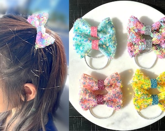 Glitter Sequin Bow Hair Ties for Kids, Teens (Set of 2)