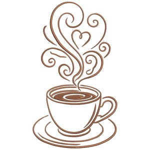 Peut inclure: Une tasse et une soucoupe à café blanches avec de la vapeur brune en forme de cœur. Le café à l'intérieur de la tasse est brun et la vapeur a des volutes décoratives.