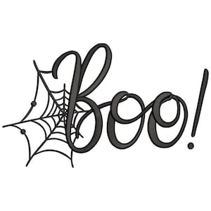 May include: Black "Boo!" text with a spider web design. The word "Boo" is written in a cursive font, with an exclamation point. The spider web is on the left side of the word.