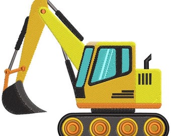 Puede incluir: Excavadora amarilla bordada con un cucharón y orugas negras. La cabina tiene ventanas azules y un tubo de escape negro. El diseño de la excavadora es de estilo caricatura.