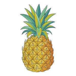 Puede incluir: Ilustración detallada de una piña. La piña tiene un cuerpo amarillo texturizado con una corona verde y amarilla. El diseño es probablemente para bordado o un proyecto de artesanía similar.