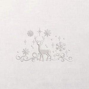 Broderidesign med vinterhjort, rensilhuettmönster, snöflingvirvelkant, maskinsöm i enfärg, festligt julmotiv