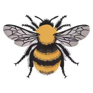 May include: Embroidered image of a bee. The bee has a yellow and black striped body, a yellow head, and translucent wings. The bee has six legs and two antennae. The image is on a white background.